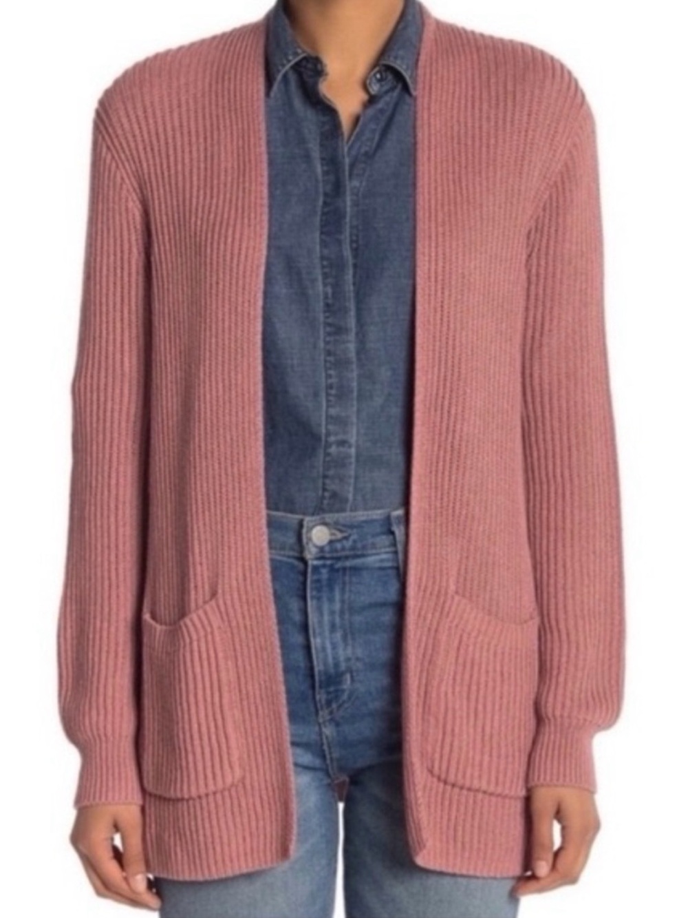 Madewell Ribbed Open-Front Cardigan in Dusty Rose